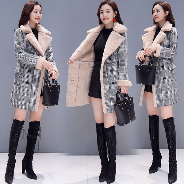 

women warm wool blends long coats casual thick cotton women's winter faux lambs wool coat womens, Black