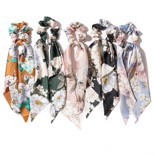 

vintage hair scrunchies flower printed women accessories hair bands ties scrunchie ponytail holder rubber rope big long bow, Slivery;white