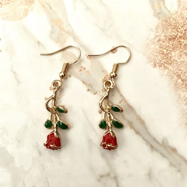 

red rose flower earrings gold zinc alloy delicate 3d solid charms dangle women hoop eardrop fashion jewelry drop shipping, Golden;silver