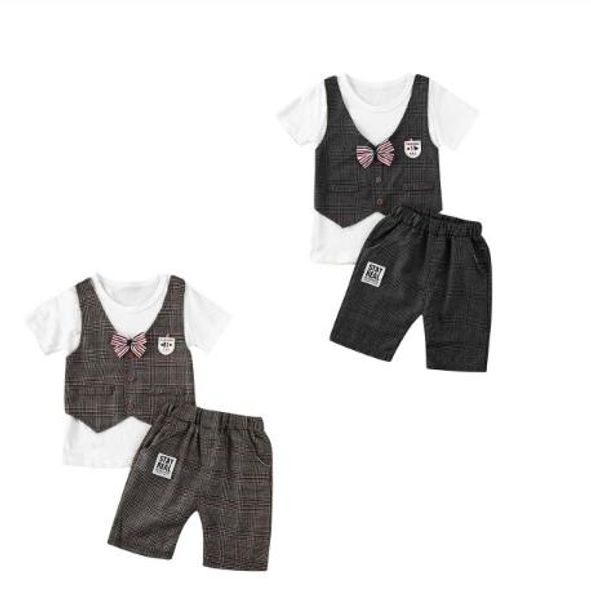 

0-3y infant baby boys 2020 clothing set summer short sleeve plaids t-shirt shorts kids gentleman suit, White