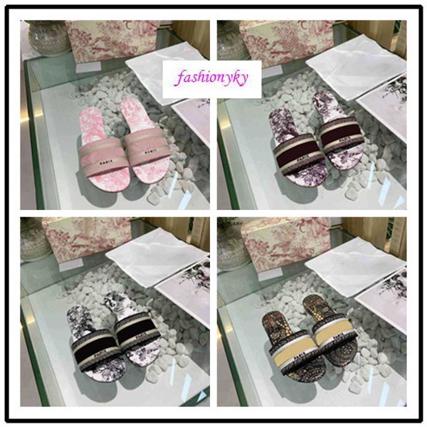 

original box new slippers summer luxury woman beach alphabet slippers designer sandals knitted cloth embroidery woman shoes, Black