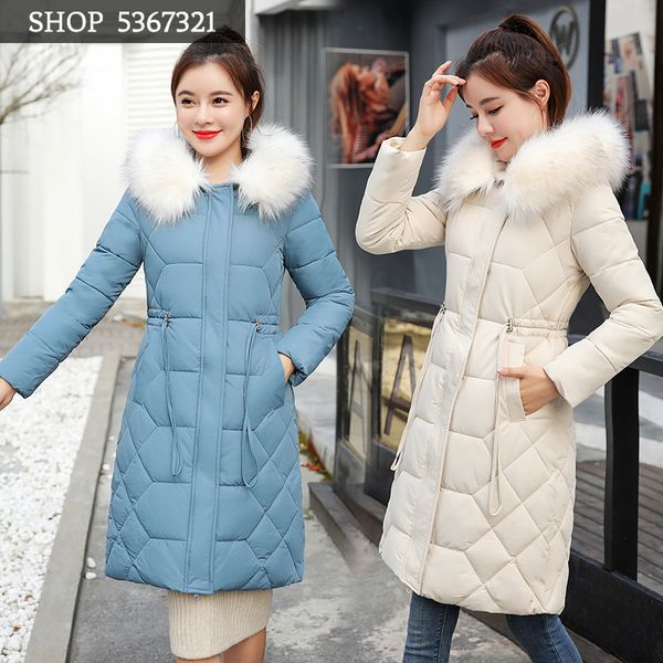 

2019 winter suit-dress long pull rope and waist ma'am down cotton cotton-padded clothes loose coat jacket, Black