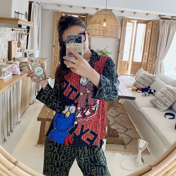 

pajamas ladies summer thin section long-sleeved lapel insta-famous simulation silk cool printing negligee sleepwear for women, Black;red