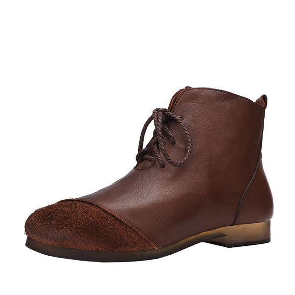 

johnature 2019 new autumn women shoes round toe zip platform boots flat with genuine leather cross-tied retro ankle boots, Black