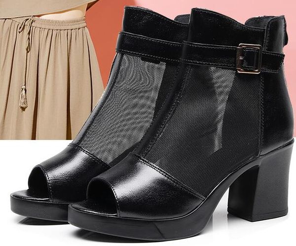 

summer women shoes new mesh fish mouth women high-heeled leather sandals lightweight breathable buckle design thick with women sandals 35-41, Black