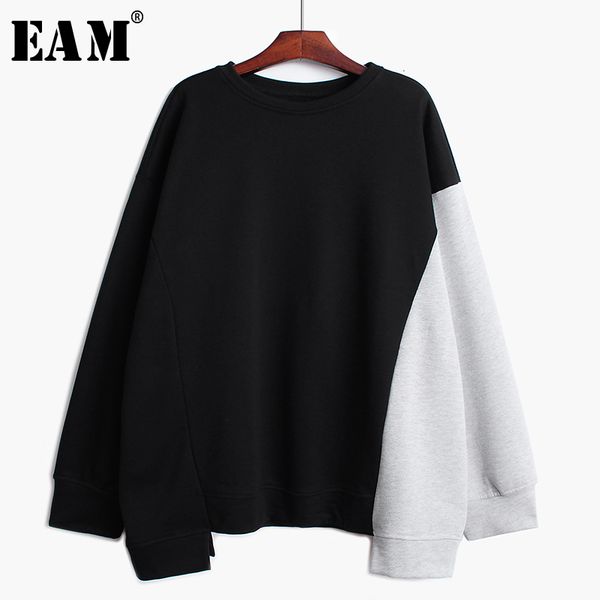 

eam] loose fit conrtrast color sweatshirt new round neck long sleeve women big size fashion tide autumn winter 2019 19a-a300, Black