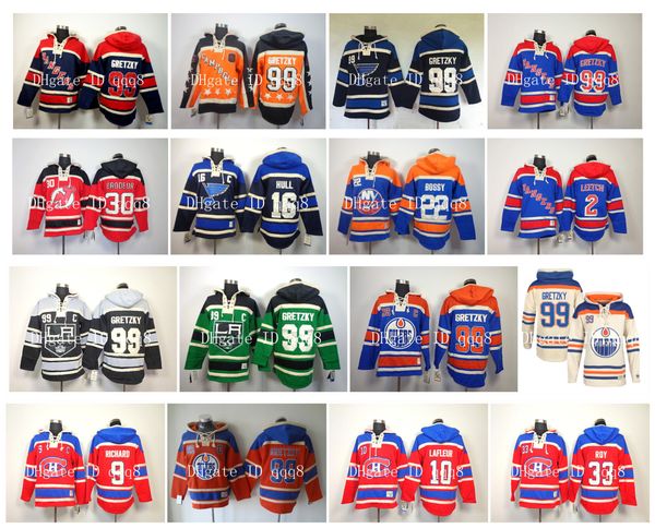 

old time hoodie hockey jersey 99 wayne gretzky edmonton oilers mike bossy brett hull martin brodeur brian leetch los angeles kings pullover, Black;red