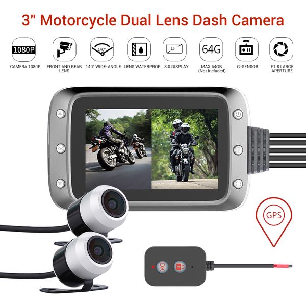 

motorcycle gps dvr dash cam full hd 1080p + 720p front & rear view waterproof motorcycle camera built-in g-sensor dashcam car dvr