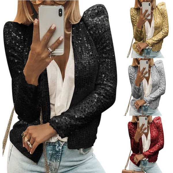 

women blazer fashion style slim sequin casual long sleeve feminino thin blazers jackets open stitch outwear suit, White;black