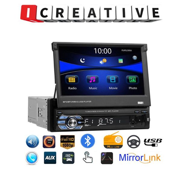 

1 din retractable car radio 7 inch hd touch screen mp5 player bluetooth radio usb tf fm sd support rear camera 9601