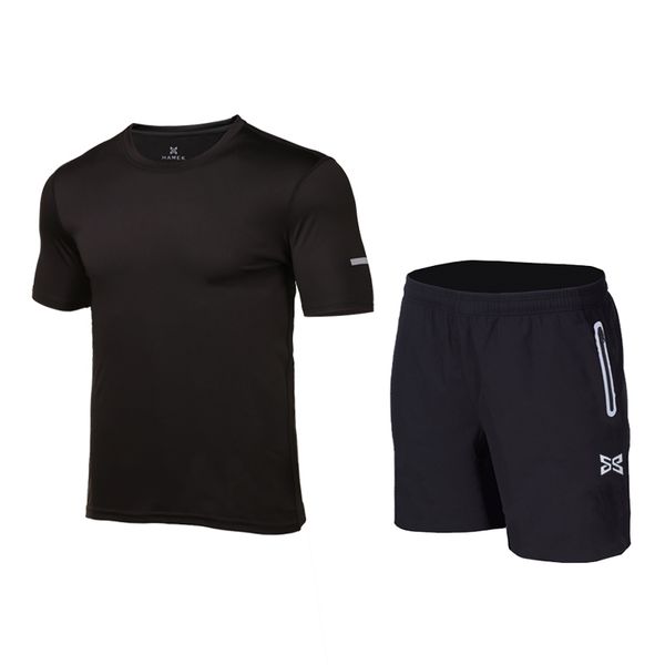 

2020 new men sports running shirts short sleeve set basketball soccer football tennis fitness gym shorts t shirts breathable running sets, Black;blue