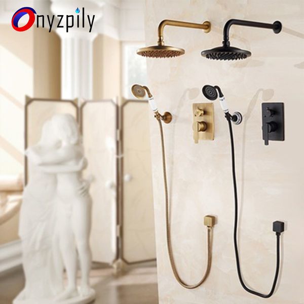 

onyzpily antique brass bathroom shower faucet orb 8' rainfall shower head concealed wall hanging blue and white porcelain hand