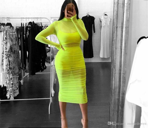 

sheer mesh perspective сексуальное платье женщины с длинным рукавом неоновый желтый плиссированные wrap длинное платье дамская водолазка ск, White;black