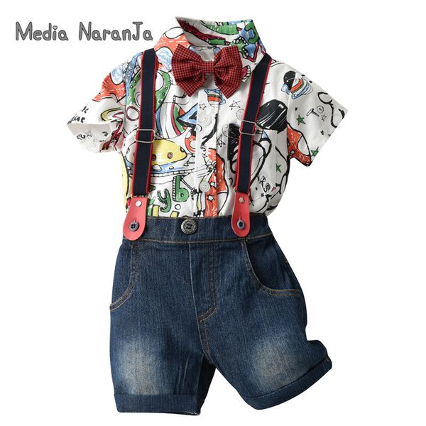 

summer cartoon gentleman children's short-sleeved clothes cropped pants baby strap two-piece boy suit 5 types, White