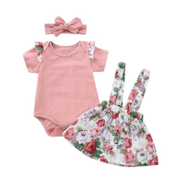 

baby girls suspender skirt outfits romper +floral print strap dress with headband 3pcs/set 2019 summer fashion kids clothing sets by0883, White