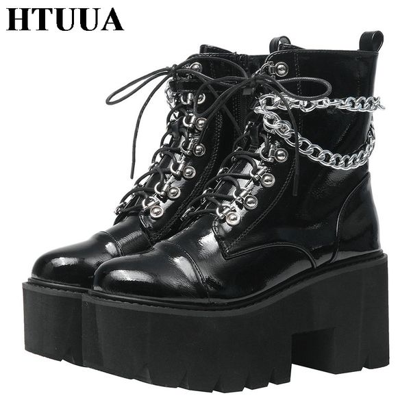 

htuua black patent leather chain short ankle boots for women warm plush platform winter boots female wedges gothic shoes sx3489