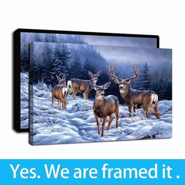 

framed artwork forest snow mountain elk animal landscape oil paintings print on canvas wall art paintings poster for home decor