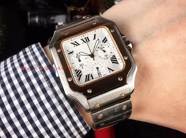 

men's watch 40mm*12mm cal. vk quartz movement wristwatch chronograph steel original buckle men's watches 3 style, Slivery;brown