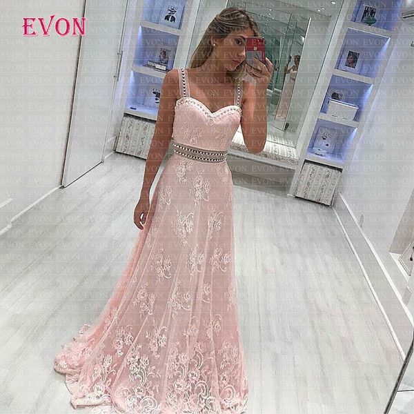 

vestidos de fiesta largos elegantes de gala light pink prom dresses spaghetti straps beaded lace a line long evening dress, White;black