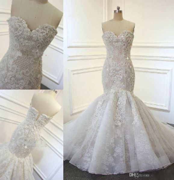 

Mermaid wedding dre e weetheart leevele zipper back lace applique beaded tiered kirt bridal dre e popular wedding gown