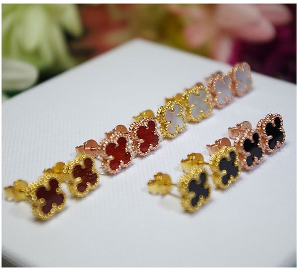

925 sterling silver earrings female models korean version of the four clover grass rose gold black agate mini earrings earrings wholesale, Golden;silver
