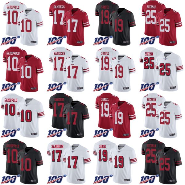 

san francisco 49ers men #10 jimmy garoppolo 17 emmanuel sanders 19 deebo samuel 25 sherman women youth 100th limited jersey