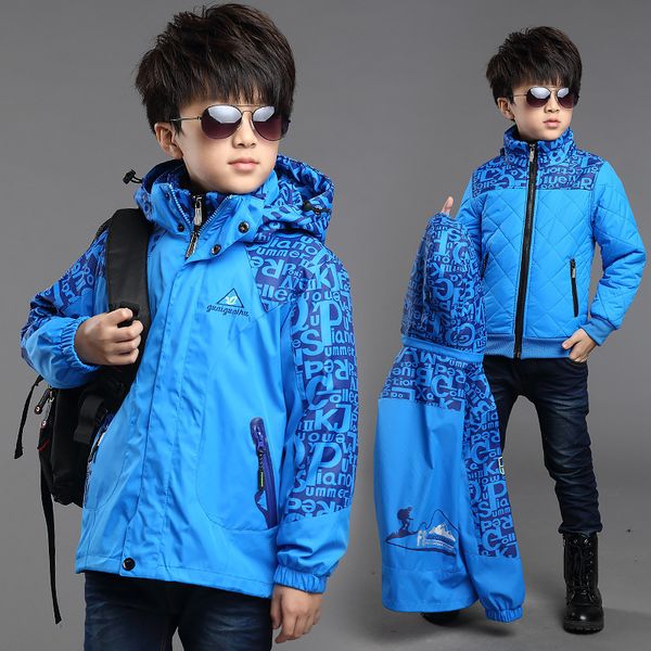 

winter boys outside windproof warm jackets children cotton lining three-in-one outerwear & coats kids waterproof printing jacket, Blue;gray