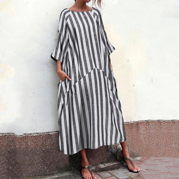 

women's loose maxi dress autumn winter casual round neck 3/4 sleeves striped casual retro literary dress, Black;gray