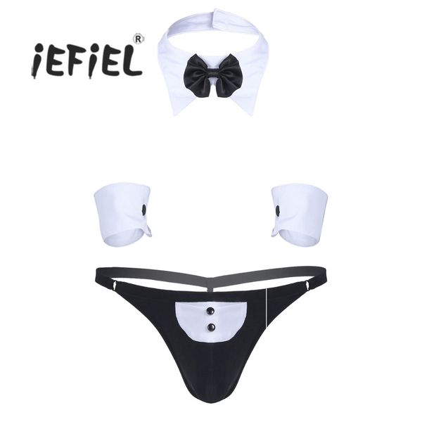 

3pcs mens butler waiter lingerie suit open back tuxedo costume g-string thong underwear with bow tie collar + bracelets, Black
