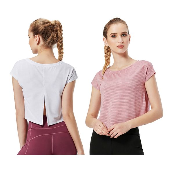 

yoga crop loose sports shirts back open running quick dry short sleeves workout training women fitness mesh tee, White;red