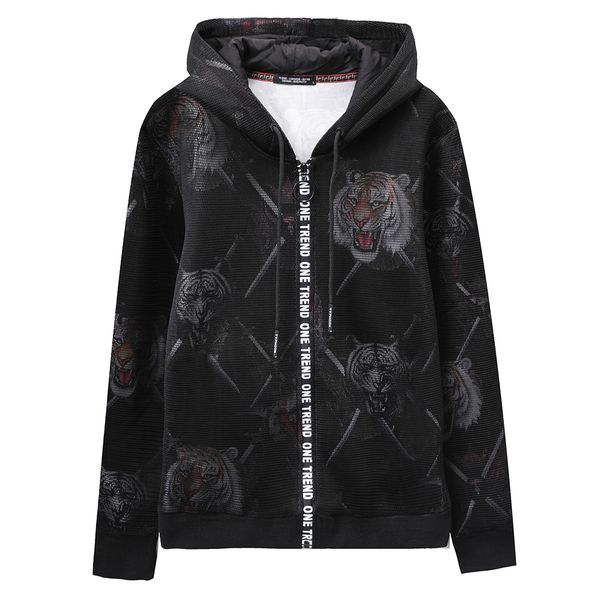 

super cool hoodies sweatshirts for men winter thick hip hop men's jackets casual zip up hoody tiger printed coats man clothing, Black