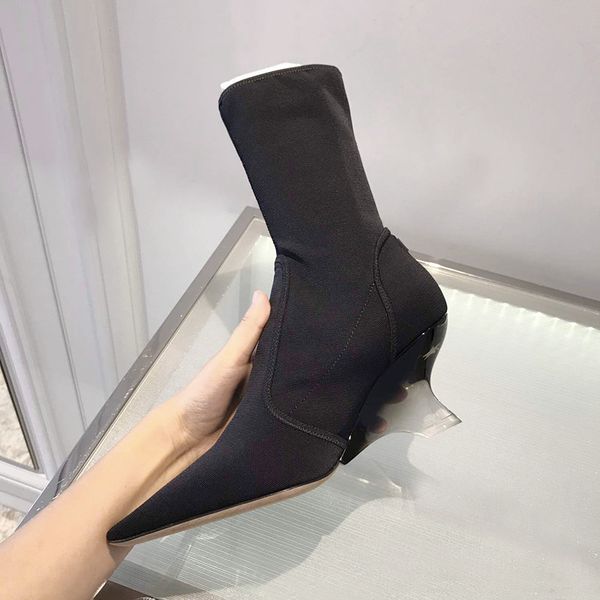 

new crystal wedge heels fashion knitted sock boots women slip on pointed toe ladies shoes 2019 black stretch shoes woman