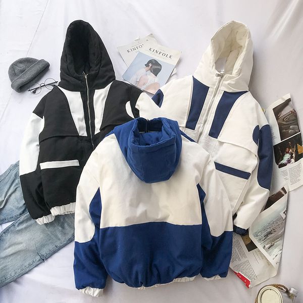 

winter new coat men's warm thick fashion parka men cross color cotton hooded coat man wild loose tooling jacket male clothes, Black