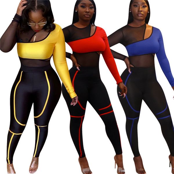 

sets females fashion spring sleeve pencil mesh tracksuits long silm pants suits panelled womens hollow designer out 2pcs striped qslwu, Black