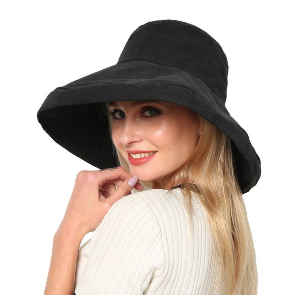 

women summer large wide brim floppy foldable sport hat chapeau female girl plain anti-uv sun visor floppy fisherman beach hat#4, Black;white