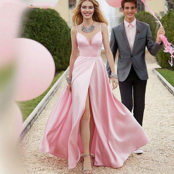 Elegante rosa lange Ballkleider, sexy, hochgeschlitztes Satin-Abendkleid mit V-Ausschnitt, rückenfrei, Verlobungsparty-Kleider