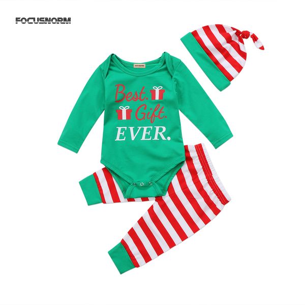 

xmas baby girls boys infant clothes letter print long sleeve green bodysuit striped pant legging hat outfit for baby christmas, Pink;blue