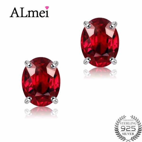 

almei silver 925 garnet crystal stud earrings for women red jewelry with natural stones earings brincos aneis with box 40% fr010, Golden;silver