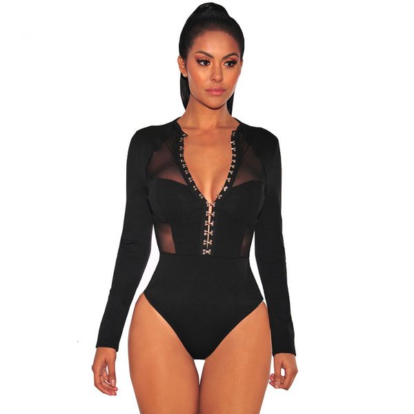 

rompers for women jumpsuits fashion design cropped mesh long sleeve black bodycon playsuit button hook unique design women bodysuit, Black;white