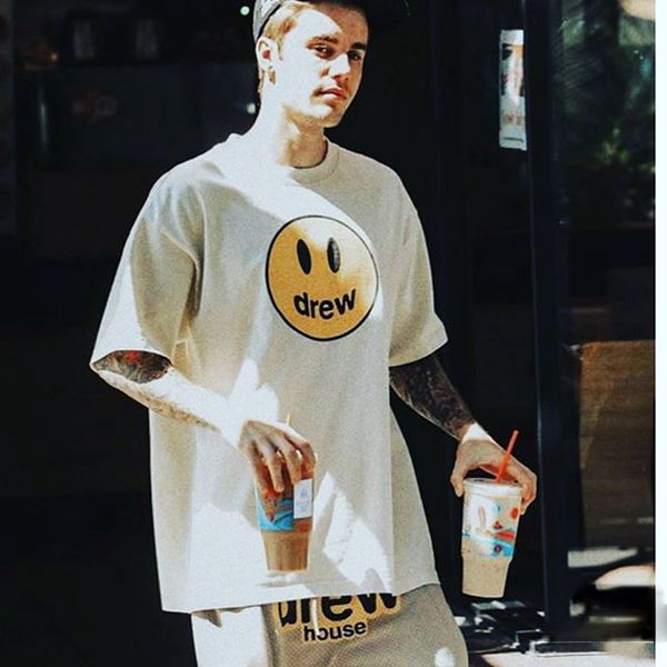 

justin bieber drew house t-shirt short sleeve o-neck cotton hip hop tee men women dh smile drew tees streetwear, White;black