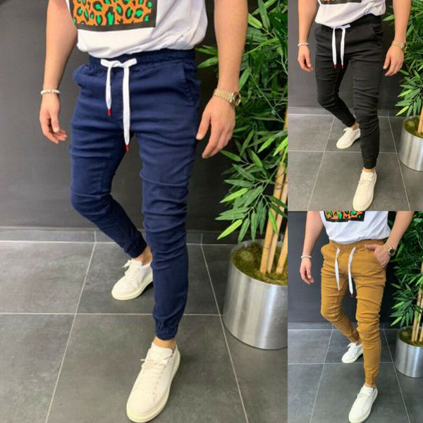 

men winter pencil trousers fashion solid skinny sweatpants run joggers slim fit casual long pants male stretchy plus size pants, Black
