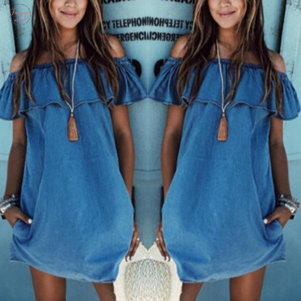 

fashion summer women denim dresses slash neck solid color ruffle elegant ladies girls loose casual dress fs99, Black;gray