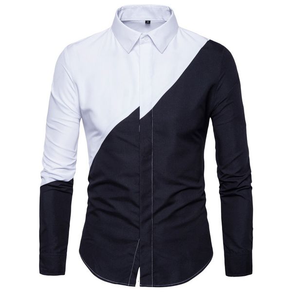

men's casual shirts quality black and white patchwork long-sleeved dress fashon men stitching slim shirt camisa masculina, White;black