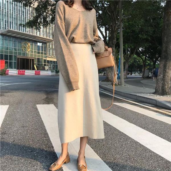 

ailegogo new women solid color loose fit skirt casual high waist knitted medium long skirt black beige skirts, Black;gray