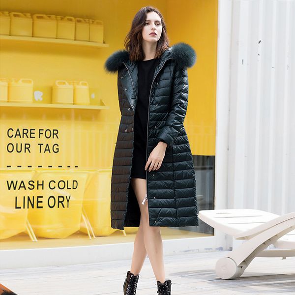 

down jacket long 2018 high end down garment,female, long knee, fur collar, thickened jackets for women, Black