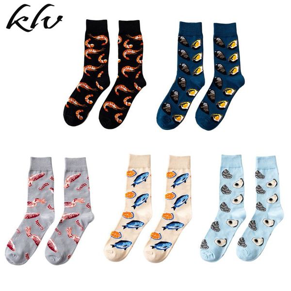 

men women funny seafood series cotton crew socks colored shrimp squid oysters salmon print harajuku skateboard stockings, Black