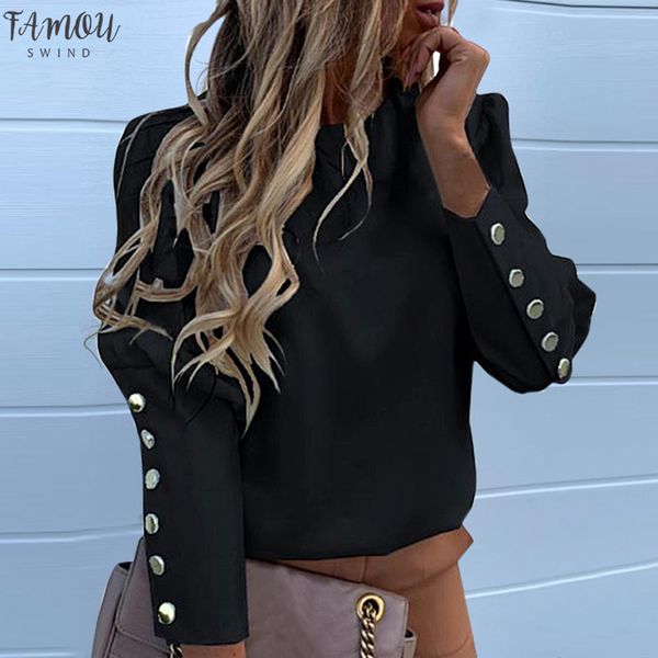 

puff shoulder blouse shirts polyester office lady 2020 new autumn metal buttoned detail blouses women pineapple print long sleeve, White