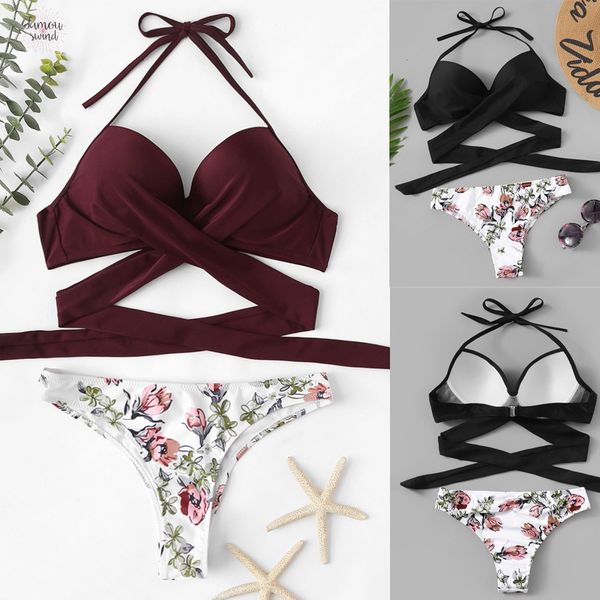 

женщины бикини 2019 sexy fashion sexy проложенный swimwear бинты печати купание бикини пляжная top бикини купальники женщины tankini, White;black