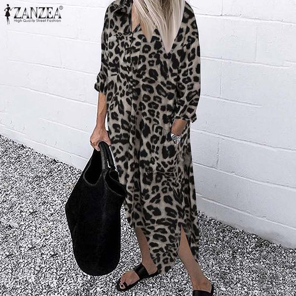 

women's leopard sundress zanzea spring stylish print shirt dress casual long sleeve midi vestidos female button robe plus size, Black;gray