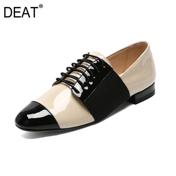 

deat] 2019 new spring summer sharp toe lace-up patent leather mixed colors comfortable single flat shoes women fashion 10sj265, Black
